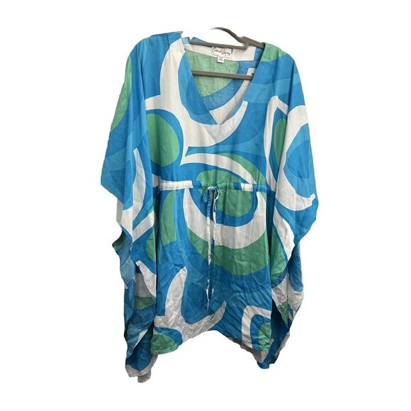 Casual Living Kimono Sleeve Tunic Shirt Women 0X/1X Blue And Green Coastal Wear - Picture 1 of 11